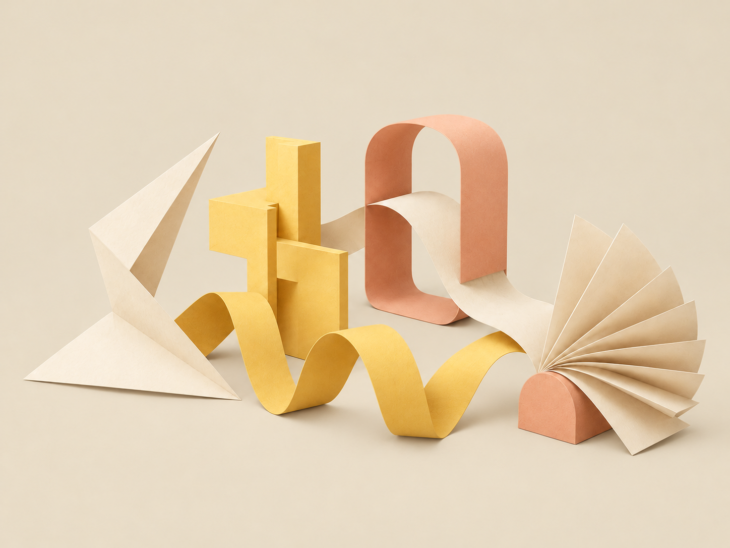 Formas de papel en tonos crema, amarillo y durazno: un pliegue, un encaje, un arco, una cinta y un abanico sobre un fondo crema.