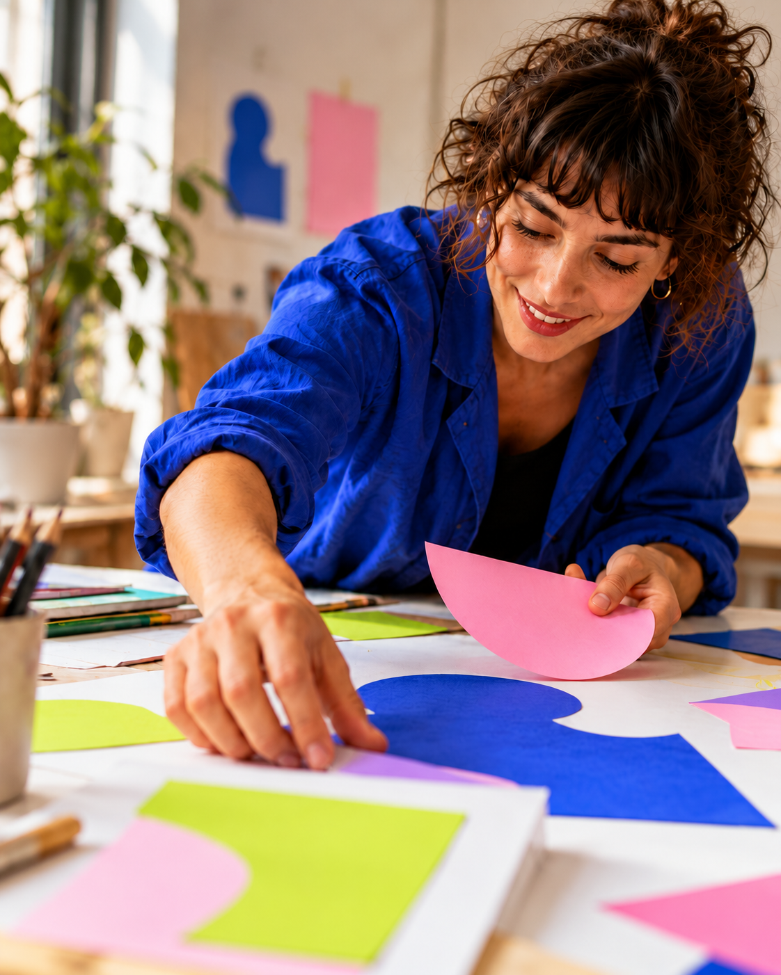 Mulher adulta fictícia, de camisa azul, criando com papéis coloridos à mesa. Fotografia ilustrativa gerada por IA.