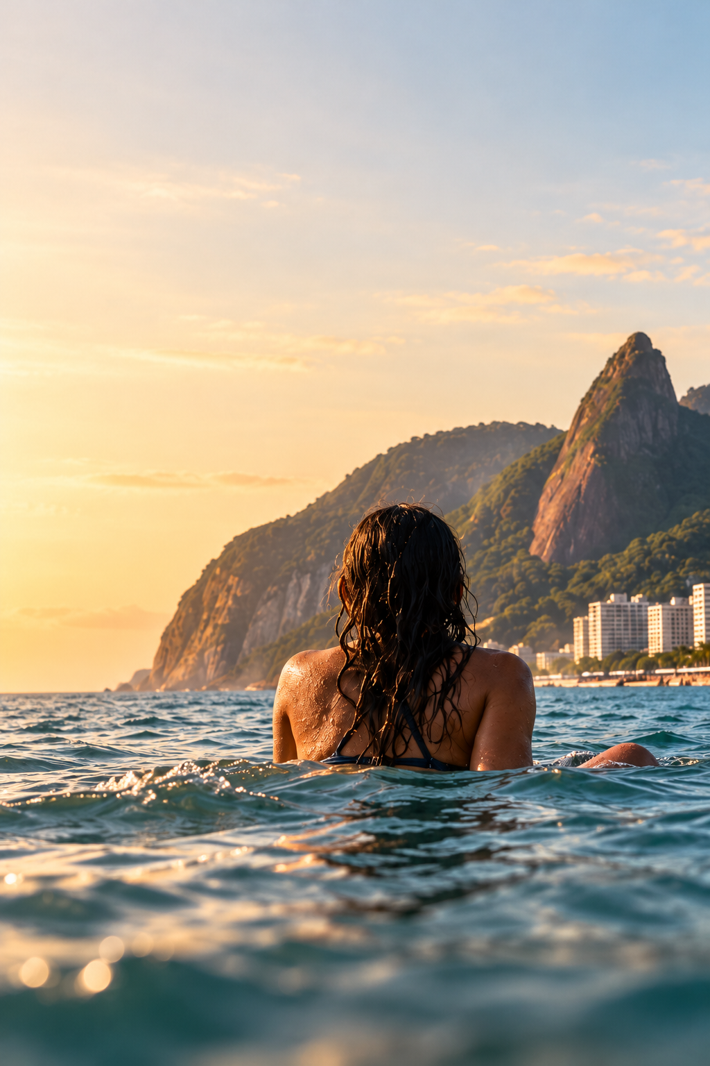 Mulher fictícia no mar, vista de costas, com montanhas e litoral do Rio ao fundo. Fotografia gerada por IA.