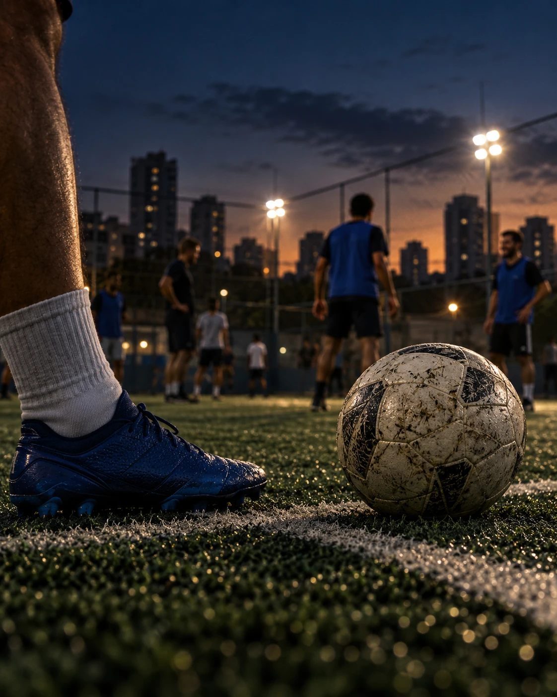 Cena ilustrativa de futebol amador ao anoitecer: bola, chuteira e turma no campo